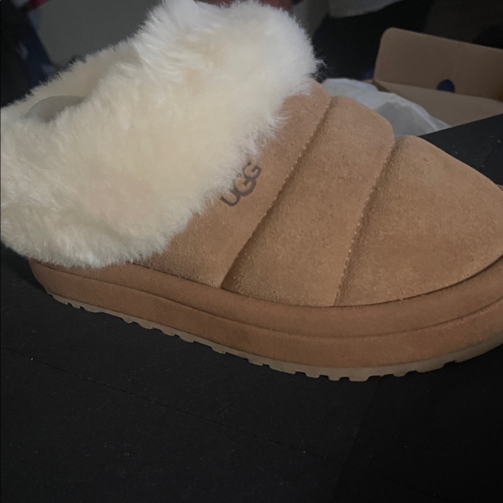 UGG Tan Slippers with Plush Cream Lining